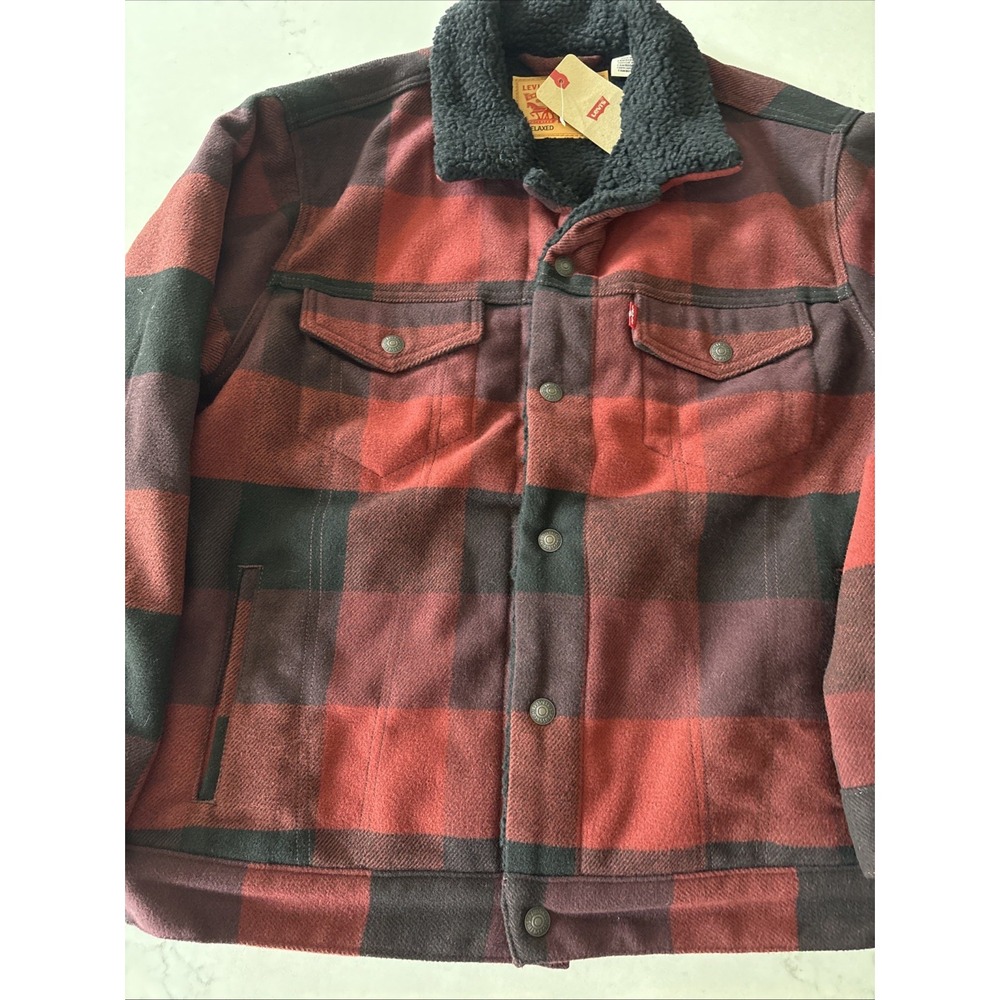 Levi's Sherpa Lined Trucker Jacket Mens M Red Black Buffalo Plaid Check Flannel
